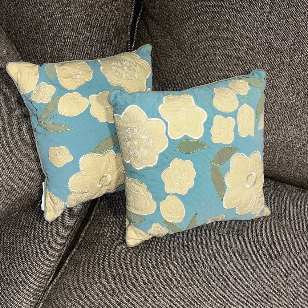 IMPERIAL Floral Embroidered Throw Pillows - Blue and Cream 16X16